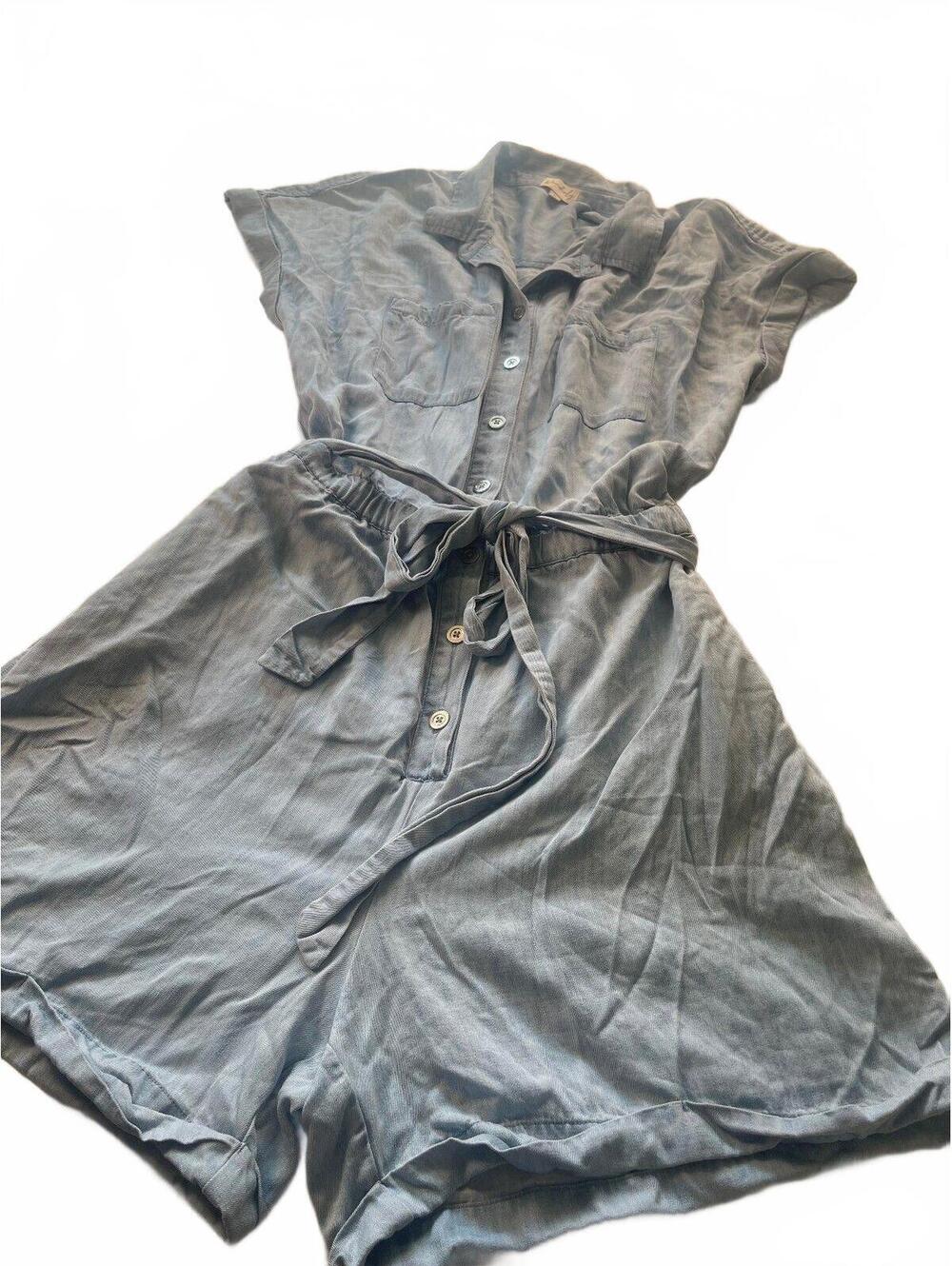 Wonderly Light Blue Button-Up Jean Romper with Belt - XL